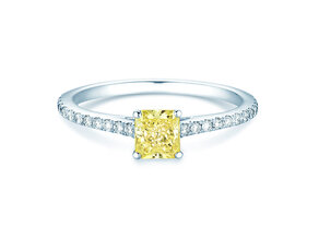 Bague de fiançailles Fancy Yellow Cushion Pavé en 14K or blanc avec diamants 0,77ct G/SI