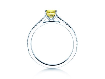 Bague de fiançailles Fancy Yellow Cushion Pavé en 14K or blanc avec diamants 0,77ct G/SI