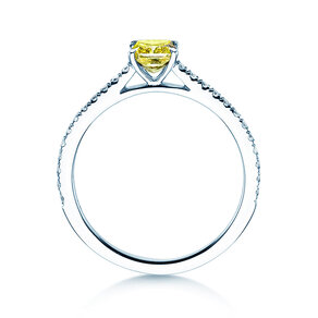 Bague de fiançailles Fancy Yellow Cushion Pavé en 14K or blanc avec diamants 0,77ct G/SI