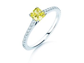 Bague de fiançailles Fancy Yellow Cushion Pavé en 14K or blanc avec diamants 0,77ct G/SI