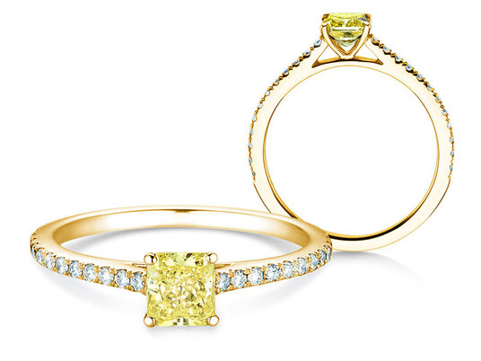 Bague de fiançailles Fancy Yellow Cushion Pavé en 14K or jaune avec diamants 0,77ct G/SI