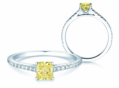 Bague de fiançailles Fancy Yellow Cushion Pavé en platine 950/- avec diamants 0,77ct G/SI