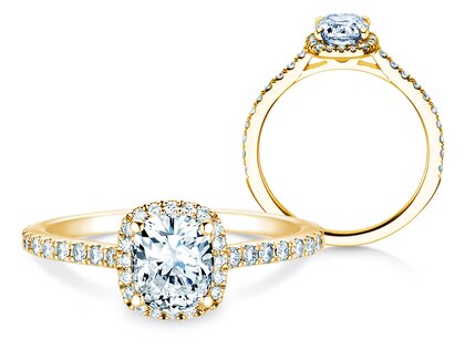 Bague de fiançailles Halo Cushion Pavé en 9K or jaune avec diamants 1,30ct G/SI