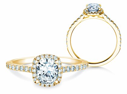 Bague de fiançailles Halo Cushion Pavé en or jaune