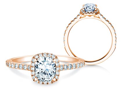 Bague de fiançailles Halo Cushion Pavé en 9K or rose avec diamants 0,80ct G/SI