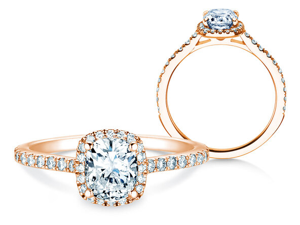 Bague de fiançailles Halo Cushion Pavé en 9K or rose avec diamants 0,80ct G/SI
