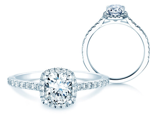 Bague de fiançailles Halo Cushion Pavé en 14K or blanc avec diamants 1,30ct G/SI