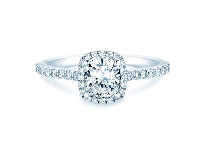 Bague de fiançailles Halo Cushion Pavé en 9K or blanc avec diamants 0,70ct G/SI
