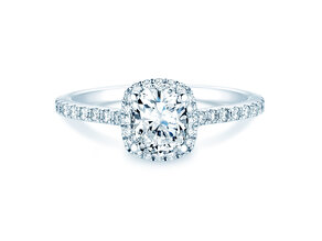 Bague de fiançailles Halo Cushion Pavé en 9K or blanc avec diamants 0,70ct G/SI