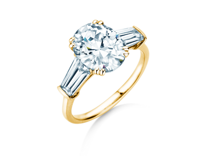 Bague de fiançailles Oval Tapered Baguette en 9K or jaune avec diamants 0,41ct G/SI