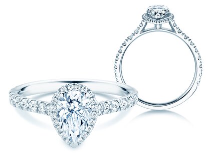 Bague de fiançailles Pear Halo Pavé en 9K or blanc avec diamants 0,58ct G/SI