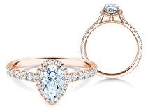 Bague de fiançailles Pear Halo Pavé en 9K or rose avec diamants 0,58ct G/SI