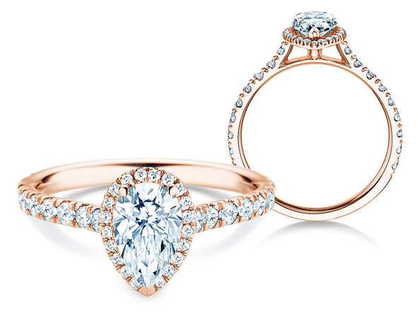 Bague de fiançailles Pear Halo Pavé en 9K or rose avec diamants 1,46ct G/SI