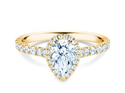 Bague de fiançailles Pear Halo Pavé en 9K or jaune avec diamants 0,58ct G/SI