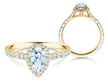 Bague de fiançailles Pear Halo Pavé en 9K or jaune avec diamants 0,58ct G/SI