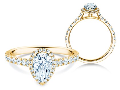 Bague de fiançailles Pear Halo Pavé en 9K or jaune avec diamants 0,58ct G/SI