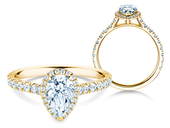 Bague de fiançailles Pear Halo Pavé en 9K or jaune avec diamants 0,58ct G/SI
