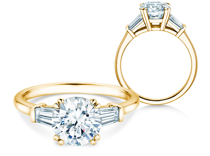 Bague de fiançailles Round Brilliant Tapered Baguette  en or jaune