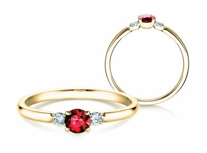 Bague de fiançailles  en 9K or jaune avec rubis 0,23ct et diamants 0,07ct