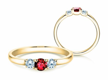 Bague de fiançailles  en 9K or jaune avec rubis 0,20ct et diamants 0,20ct