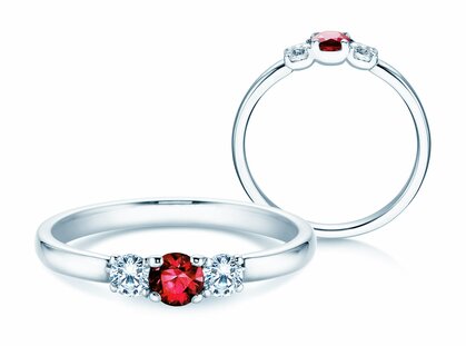 Bague de fiançailles  en 9K or blanc avec rubis 0,20ct et diamants 0,20ct