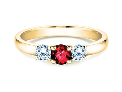 Bague de fiançailles  en 9K or jaune avec rubis 0,30ct et diamants 0,30ct