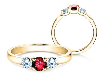 Bague de fiançailles  en 9K or jaune avec rubis 0,30ct et diamants 0,30ct
