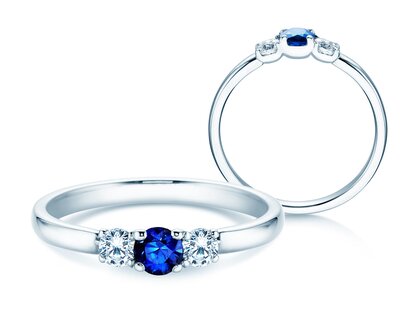 Bague de fiançailles  en 9K or blanc avec saphir 0,20ct et diamants 0,20ct