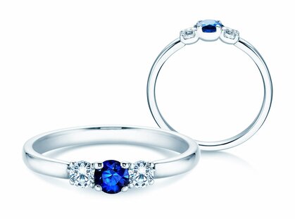 Bague de fiançailles  en 9K or blanc avec saphir 0,20ct et diamants 0,20ct