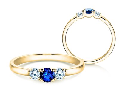 Bague de fiançailles  en 9K or jaune avec saphir 0,20ct et diamants 0,20ct