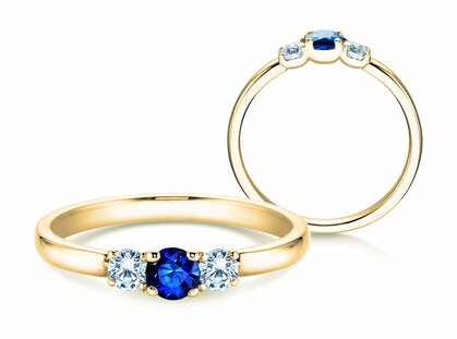 Bague de fiançailles  en 9K or jaune avec saphir 0,20ct et diamants 0,20ct