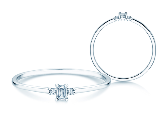 Bague de fiançailles Vivid Petite Emerald Cut en 14K or blanc avec diamants 0,10ct G/VS