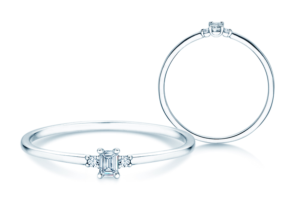 Bague de fiançailles Vivid Petite Emerald Cut en 14K or blanc avec diamants 0,10ct G/VS