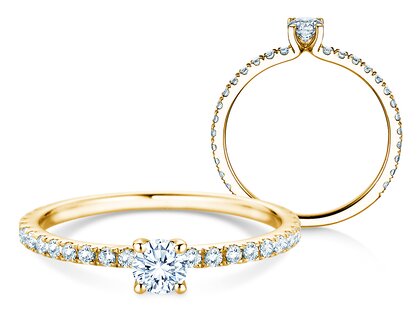 Bague de fiançailles Classic 4 Pavé en 9K or jaune avec diamants de laboratoire 0,56ct E/VS